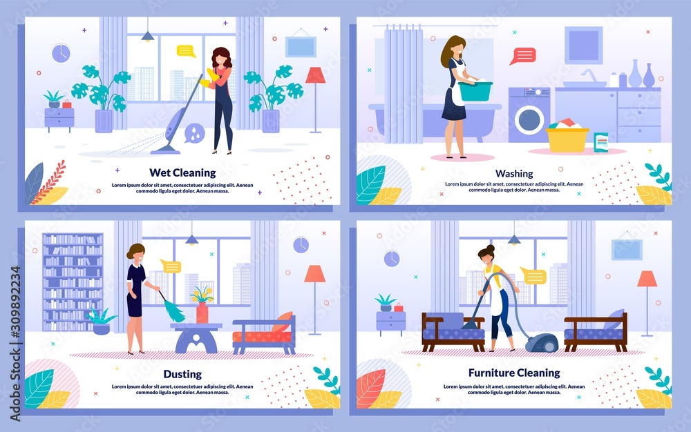 Housekeeping Jobs, Commercial Cleaning Services, Hotel Attendant Work Trendy Flat Vector Ad Banner, Poster Templates Set. Female Employee, Maid Mopping, Vacuuming, Dusting and Washing Illustration