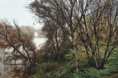 misty and melancholic morning on the river at winter
