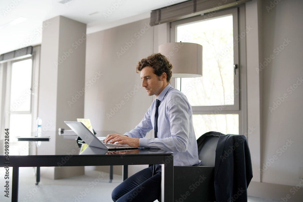 Businessman working on laptop meeting room