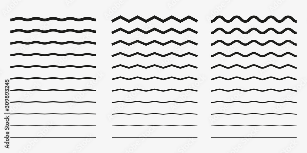Wave, wavy - curved and zig zag icon set. Vector illustration, flat design.