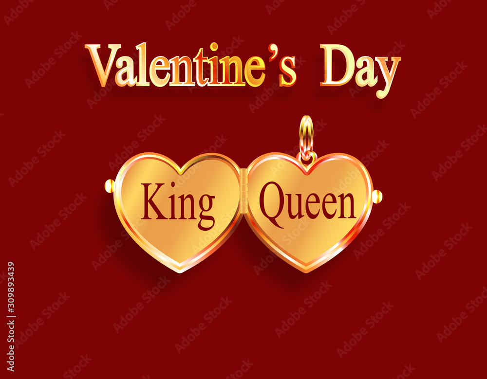 Valentine s Day. King and queen. Gold medallion. Heart-shaped pendant in yellow gold. 3D with shadow. illustration