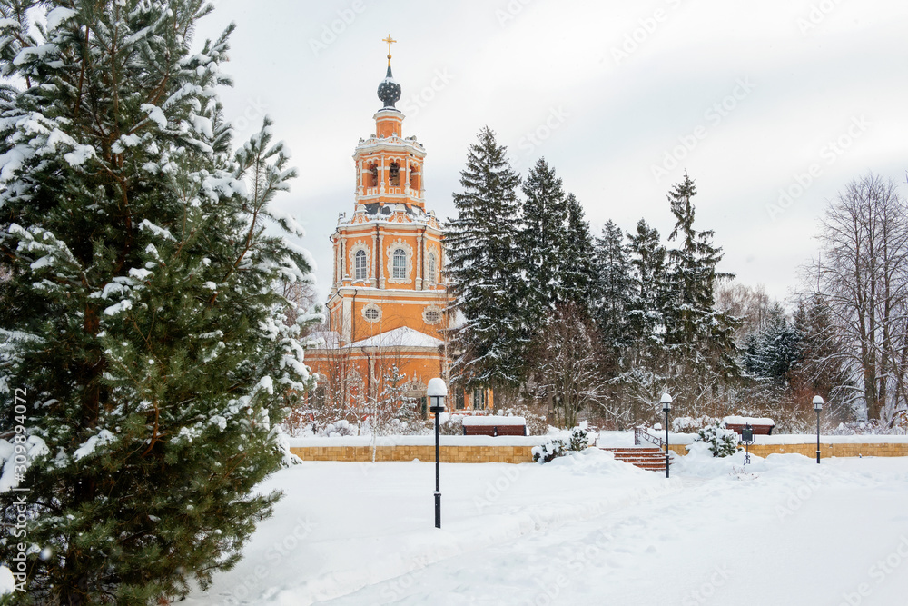 Winter view of the Church of the Savior of the Miraculous Image in the village of Ubory. Moscow region, Odintsovo city district, Russia. Winter view of the Church of the Savior of the Miraculous Image in the village of Ubory. Moscow region, Odintsovo city district, Russia.
