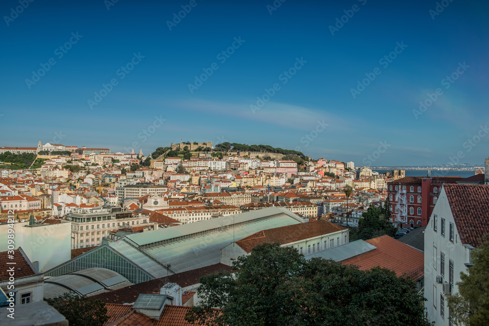 Lisbon, Portugal skyline towards Sao Jorge Castle.