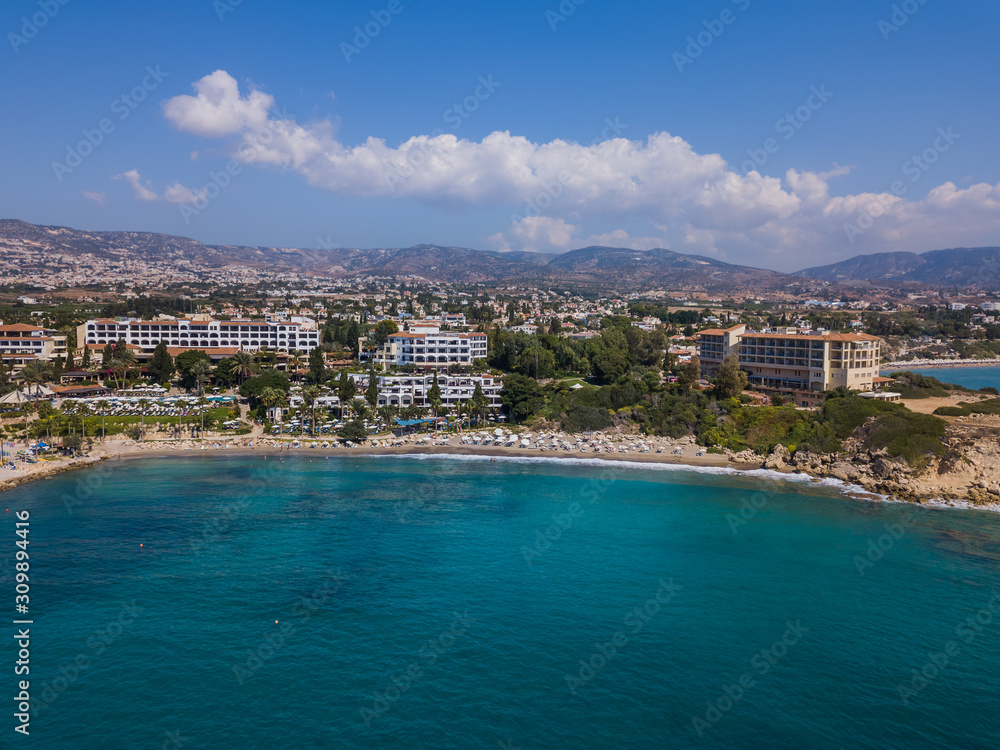 Coral beach in Paphos Cyprus - aerial view