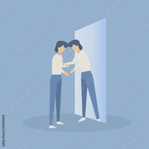 self care and self compassion concept,woman hug yourself with love and encourage.