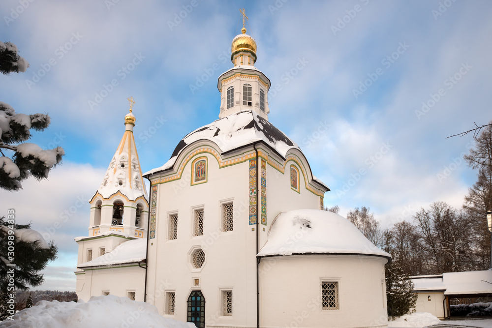 Winter view of the Church of the Assumption of the Blessed Virgin Mary in the village of Uspenskoe. Moscow region, Odintsovo city district, Russia.