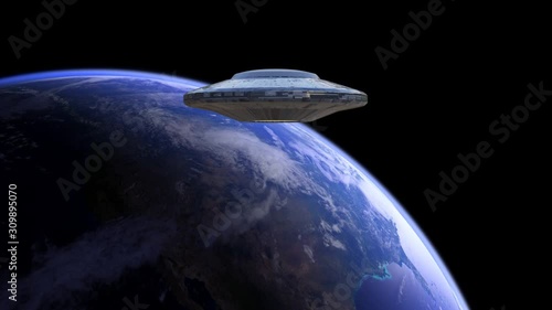 UFO, rotating alien spaceship with extraterrestrial visitors, flying in orbit of planet Earth, 4k loop