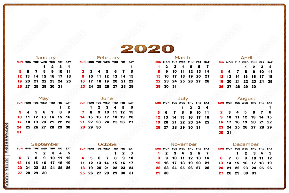 Calendar 2020 template design with Place for Photo and Company Logo. Week starts on Sunday, holidays in red colors.