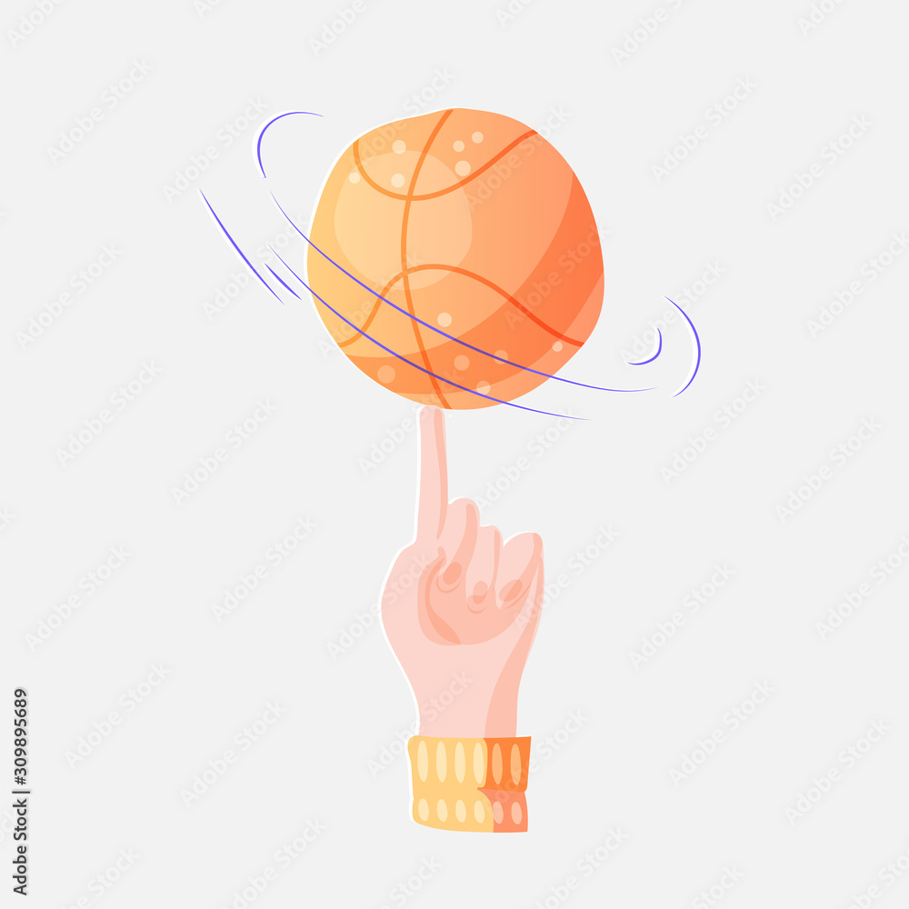 Vector flat illustration of basketball ball on a finger. Professional basketball game trick. Rotating basketball on a finger, vector modern icon isolated on light background