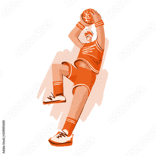 Vector hand drawn colored sketch illustration of professional basketball player, playing with basketball ball in dynamic pose, isolated on white. Hand draw vector illustration of professional basket