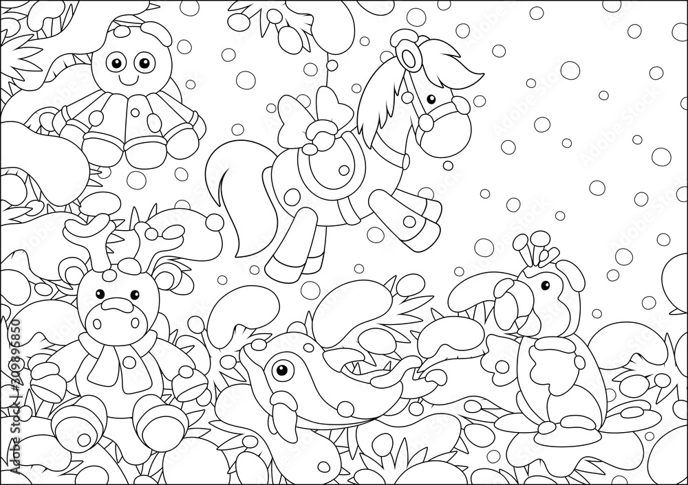Christmas tree holiday toys hanging on snow-covered branches of a beautiful fir on a snowy winter day, black and white vector cartoon illustration for a coloring book page