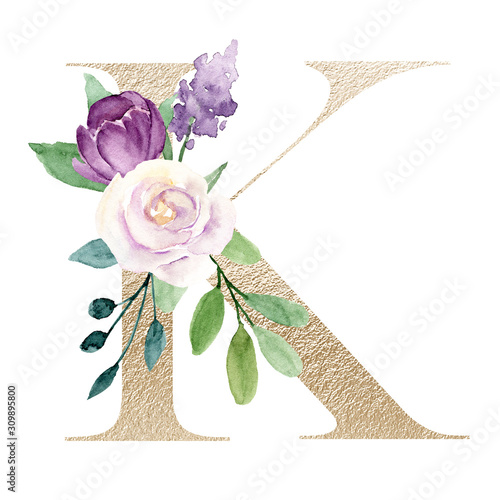 Floral alphabet, gold letter k with watercolor violet flowers and leaf. Botanical monogram initials perfectly for wedding invitations, greeting card and other. Holiday design hand painting. 