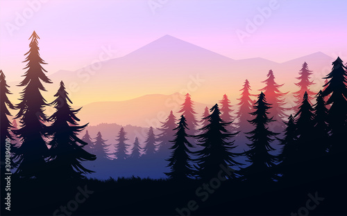 Nature forest Natural Pine forest mountains horizon Landscape wallpaper Sunrise and sunset Illustration vector style colorful view background