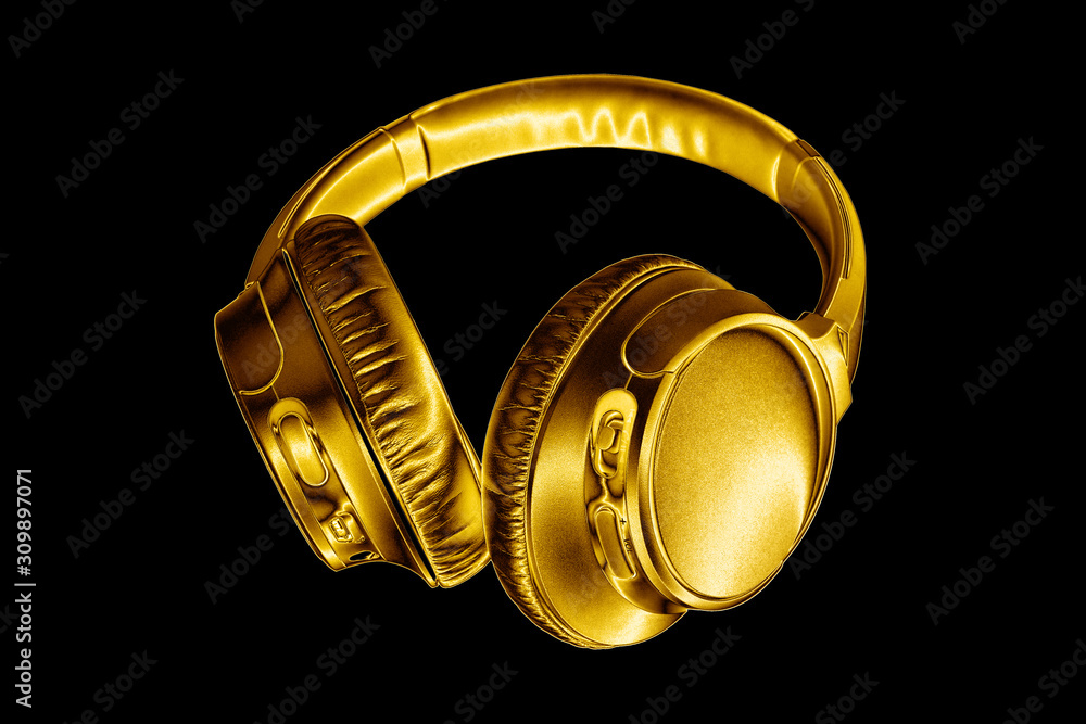 Golden shiny wireless headphones on black background isolated close up,  luxury gold metal bluetooth headset, modern high end wi-fi yellow earphones,  audio music symbol, stereo sound electronics sign Stock Photo | Adobe