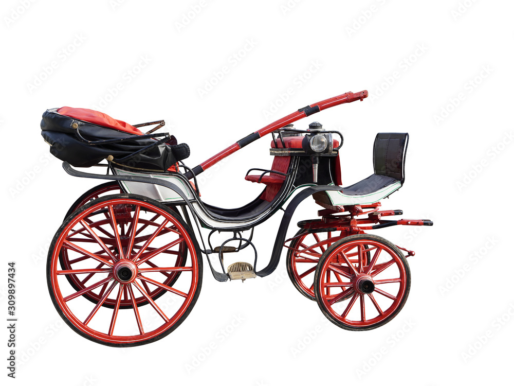 Di cut Antique red and black carriages on white background,transportation background, copy space