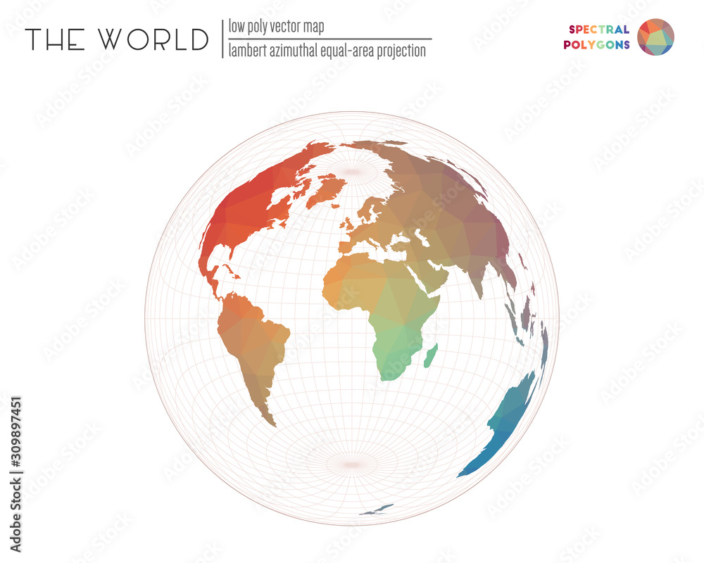 Polygonal map of the world. Lambert azimuthal equal-area projection of the world. Spectral colored polygons. Stylish vector illustration. Polygonal map of the world. Lambert azimuthal equal-area projection of the world. Spectral colored polygons. Stylish vector illustration.