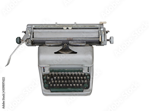 Top view antique silver and green Typewriter on white background, vintage background,object background, copy space