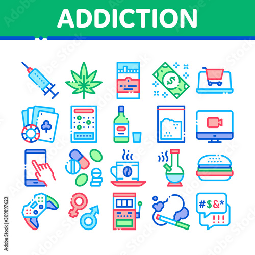 Addiction Bad Habits Collection Icons Set Vector Thin Line. Alcohol And Drug  Shopping And Gambling  Hemp  Smoking And Junk Food Addiction Concept Linear Pictograms. Color Contour Illustrations