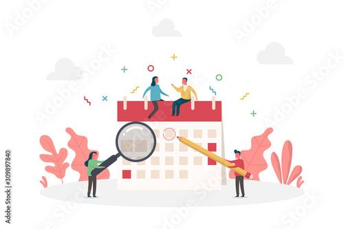 concept of planning schedule calendar with tiny people and large pencil, flat vector illustration for web, landing page, ui, banner, editorial, mobile app and flyer.