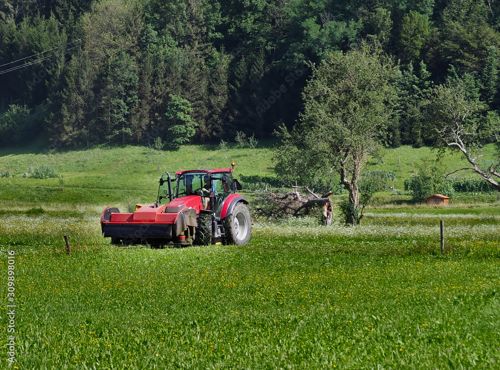 Tractor with front rotary mower machine in a field on the sidelines of the forest. Tractor with front rotary mower machine in a field on the sidelines of the forest.