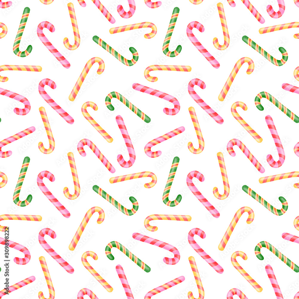 Watercolor candy canes on white seamless pattern. Christmas textile and paper design. Watercolor candy canes on white seamless pattern. Christmas textile and paper design.