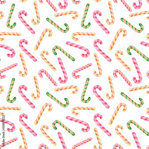 Watercolor candy canes on white seamless pattern. Christmas textile and paper design.