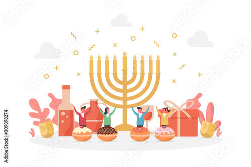 concept of Hanukkah holiday celebrate and decorate menorah and food with happy tiny people character, flat vector illustration for web, landing page, ui, banner, editorial, mobile app and flyer.