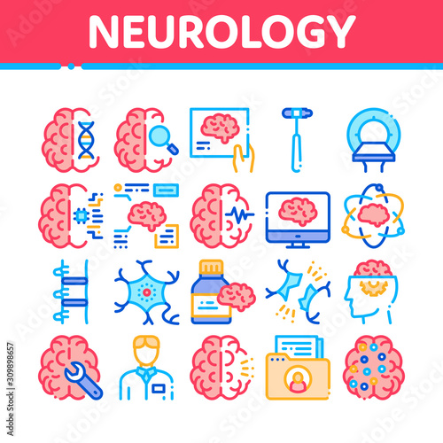 Neurology Medicine Collection Icons Set Vector Thin Line. Neurology Equipment And Neurologist, Brain And Nervous System, Nerves And Files Concept Linear Pictograms. Color Contour Illustrations
