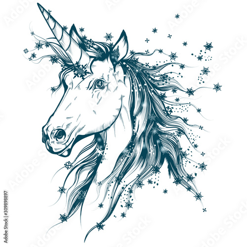 Christmas vector hand drawn unicorn with blue snowflakes