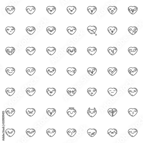 Valentine's day hearts emoji line icons set. linear style symbols collection, Heart shaped emoticon outline signs pack. vector graphics. Set includes icons happy mood expression, sad emotion, smiley