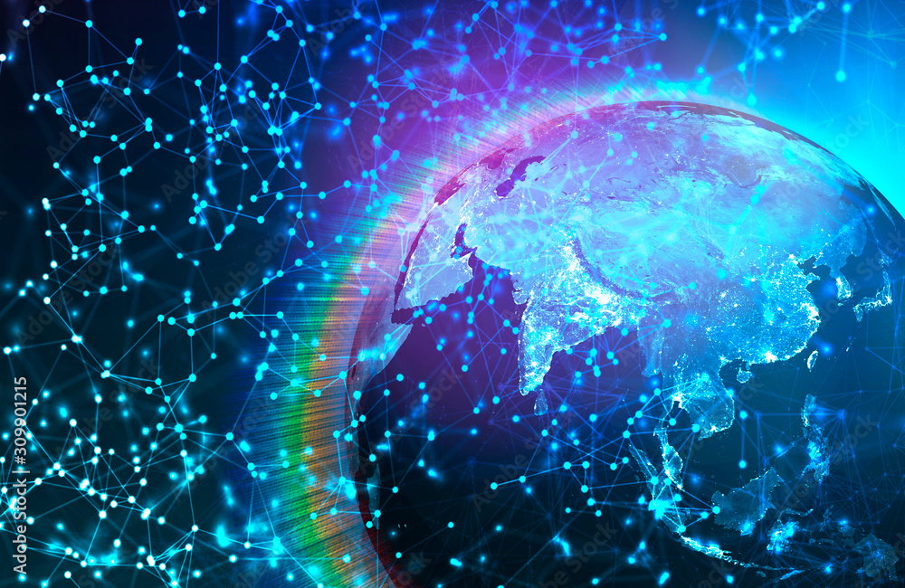 Multicolored rainbow glow of the earth in space and network abstract structure. Image Elements courtesy of NASA. Multicolored rainbow glow of the earth in space and network abstract structure. Image Elements courtesy of NASA.