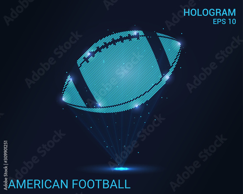 Hologram American football. A holographic projection of the ball for American football. Flickering energy flux of particles. Scientific sports design.