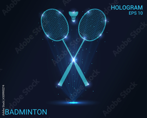 Hologram badminton. Holographic projection racket and shuttlecock. Flickering energy flux of particles. Scientific sports design.