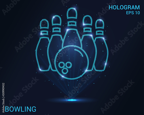 Hologram bowling. Holographic projection of the ball and bowling pins. Flickering energy flux of particles. Scientific sports design.