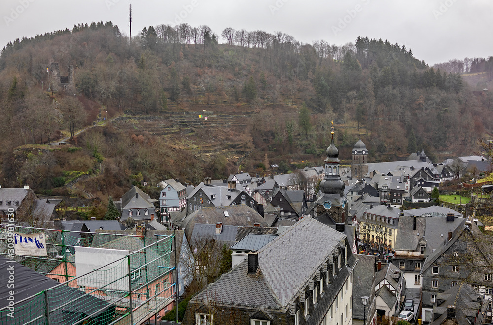 A view down towards the German town of Monschau from above A view down towards the German town of Monschau from above