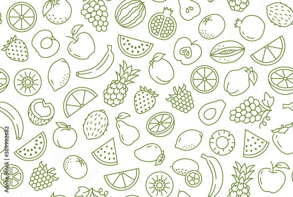 Fototapeta Owoce i jagody tło, wzór streszczenie jedzenie. Świeże owoce tapeta z jabłkiem, bananem, truskawką, arbuzem, ikonami linii. Ilustracja wektorowa wegetariański sklep spożywczy, zielony kolor biały