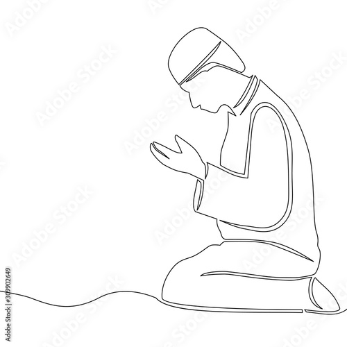 Continuous line drawing Islamic praying concept