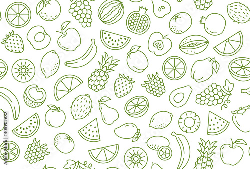 Fruit and berry background, abstract food seamless pattern. Fresh fruits wallpaper with apple, banana, strawberry, watermelon, line icons. Vegetarian grocery vector illustration, green white color