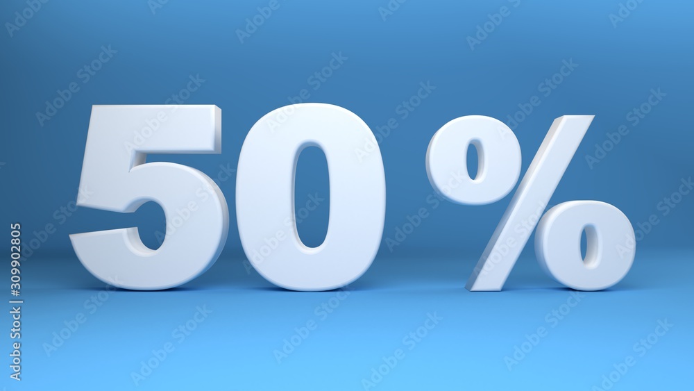 50 Percent, 3D text on light blue background, 3d illustration 50 Percent, 3D text on light blue background, 3d illustration