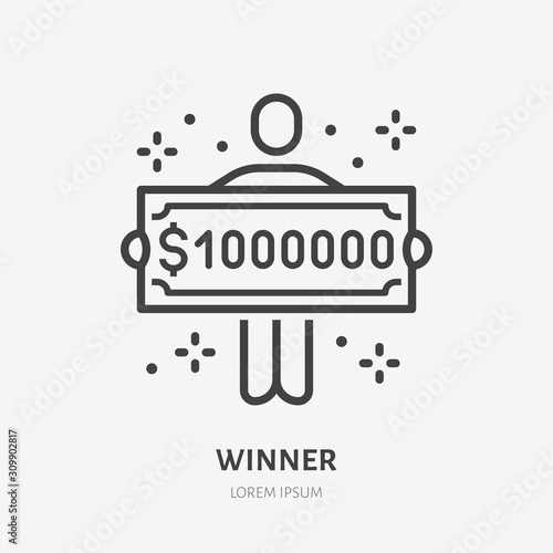 Lottery winner holding one million dollar check line icon, vector pictogram of prize. Money cheque illustration, casino reward sign