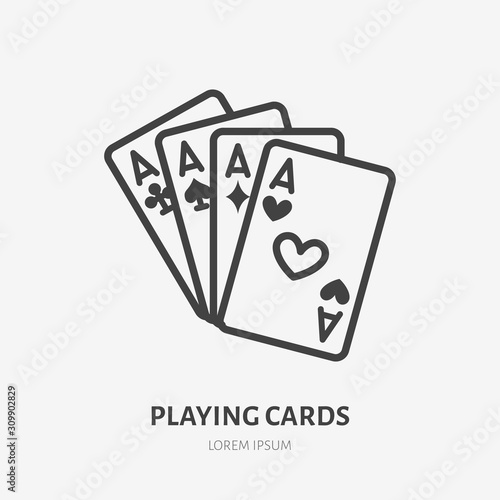 Poker cards line icon, vector pictogram of blackjack game. Four aces illustration, casino gambling sign