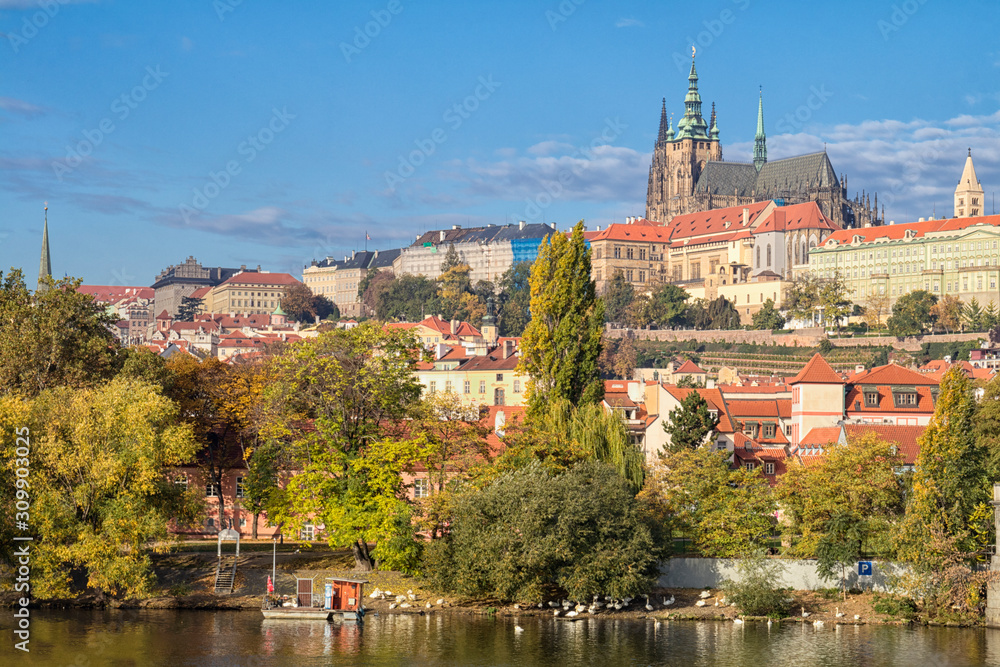 View of colorful old town and Prague castle with river Vltava, Czech Republic View of colorful old town and Prague castle with river Vltava, Czech Republic