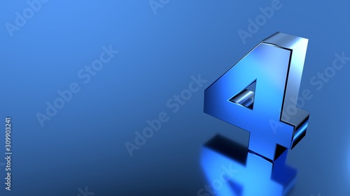 Number 4 Symbol in blue glossy on blue background 3d Illustration