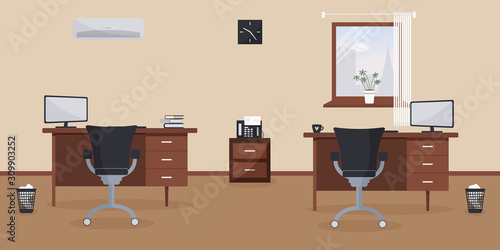 Interior of working place in the office on the light cream background. Vector illustration. Furniture: table, chair, air conditioning and books.Wall clock,houseplant,window,bin. For advertising,sites