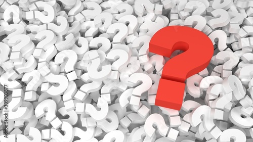 Red question mark on a background of white question marks. 3d illustration design abstract