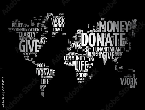 Donate word cloud in shape of world map, social concept background