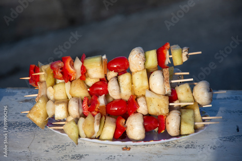 skewers , Frigarui,barbecue, kebab, meat,Marinated Grilled Vegetables photo