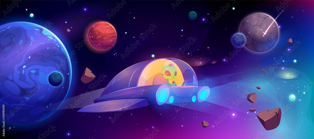 Alien in spaceship flying in cosmos between planets. Vector cartoon futuristic illustration of ufo rocket in outer space, galaxy with stars and alien saucer