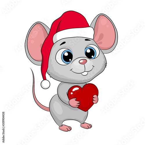 Cute cartoon mouse in a santa hat with a heart. New Year greeting card, vector illustration