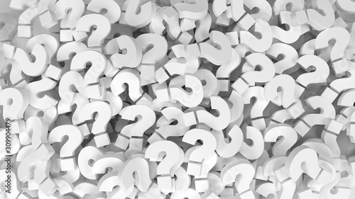Plain white question marks in white, in a pile, 3d render